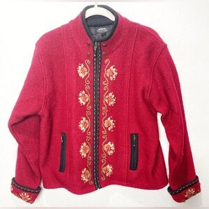 Icelandic Design Red Boiled Wool Floral Embroidered Zip Front Cardigan Jacket